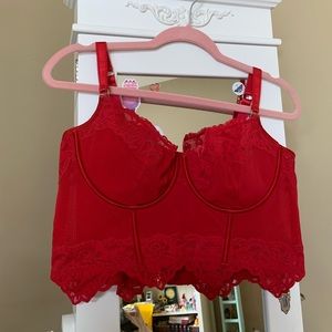 Red lace and mesh bustier top, size 38DD